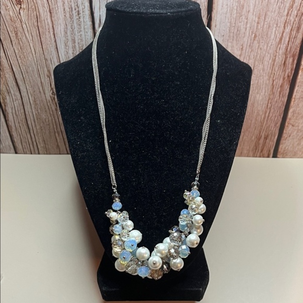 Ali Khan New York Silver Tone AB Crystals & Pearls Cluster Necklace